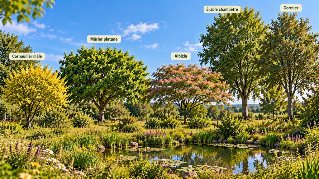 Arbres résistants à la sécheresse plantés autour d’une mare